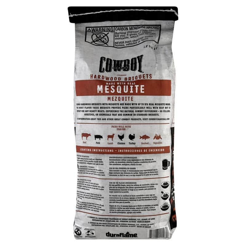 Back of bag of Cowboy Mesquite Hardwood Briquets real wood charcoal, mesquite charcoal briquettes