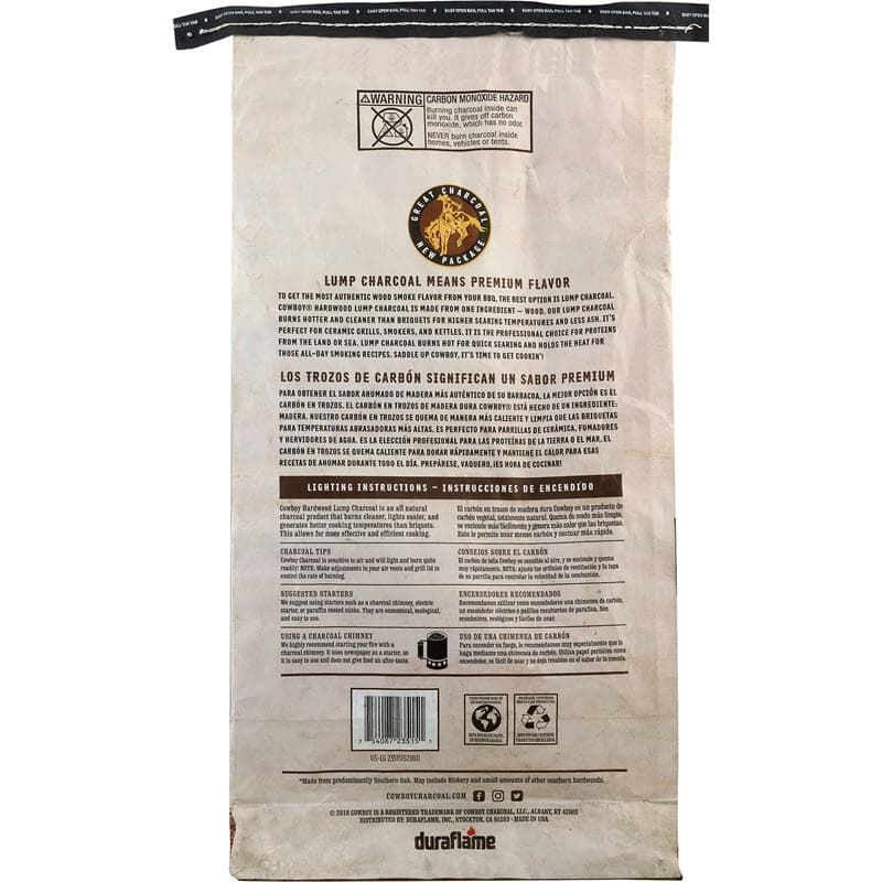Cowboy Oak & Hickory Hardwood Lump 15lb Back of Bag  real wood charcoal