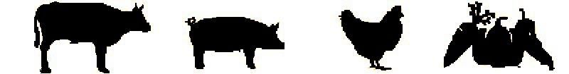 Image of a cow, a pig, a chicken, and vegetables