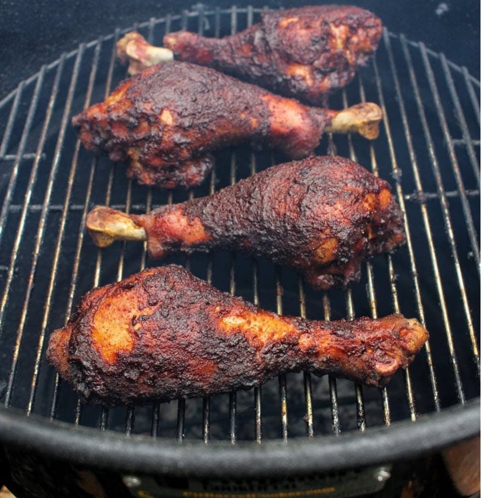 BBQ turkey legs cooking on the grill