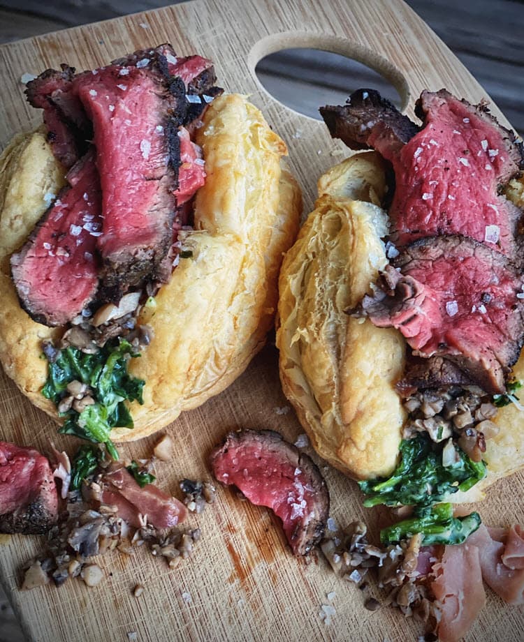 Beef Wellington tacos on a cutting board