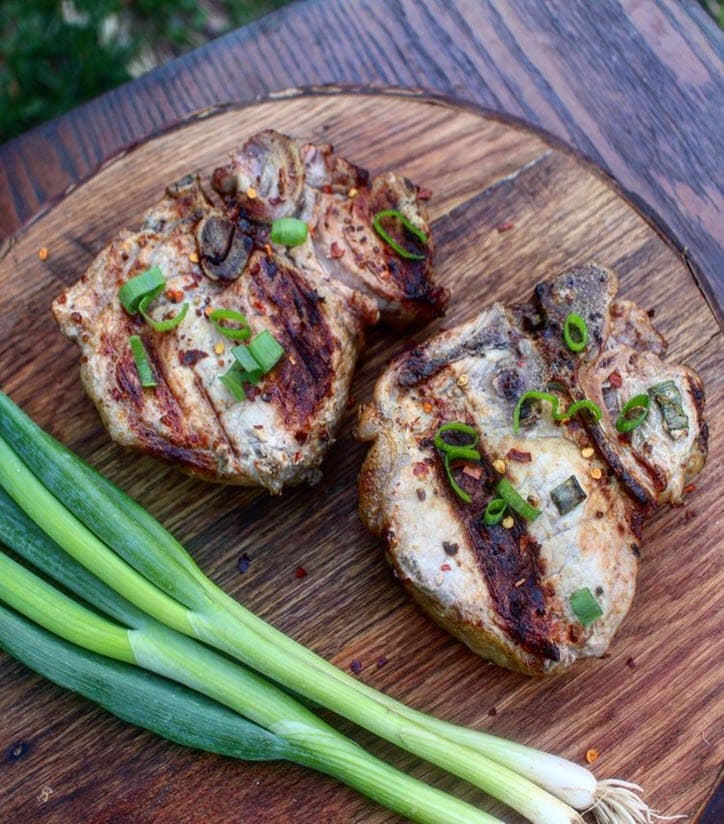 Beer and Mustard T-Bones with a bunch of fresh green onions