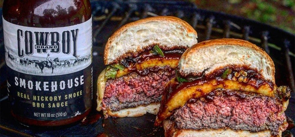 BBQ Bison Burger with bottle of Smokehouse BBQ Sauce