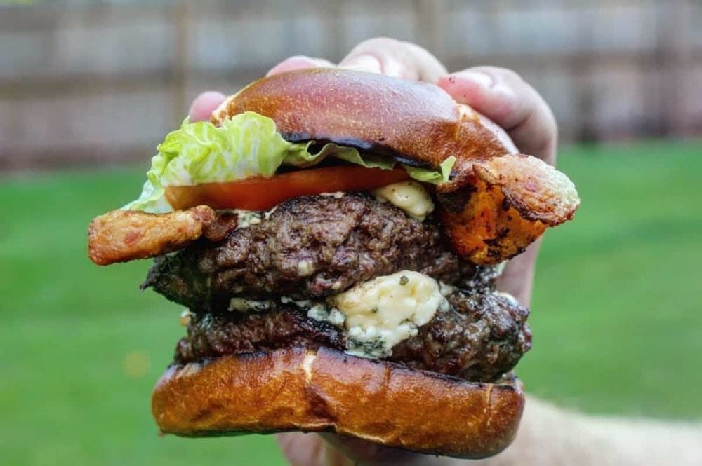 Closeup of bleu cheese bacon burger
