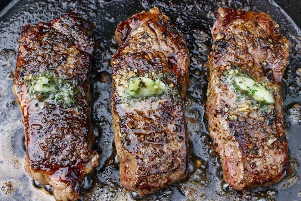 3 grilled herb butter steaks; Learn how to cook a steak in a cast iron skillet.