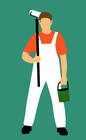 Picture of a professional painter wearing white coveralls and holding a long painting rolling brush and bucket of paint.
