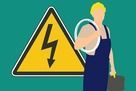Picture of a electrical repair man, standing and holding electrical cable wrapped around his shoulder. A yellow electrical warning sign is in the background.