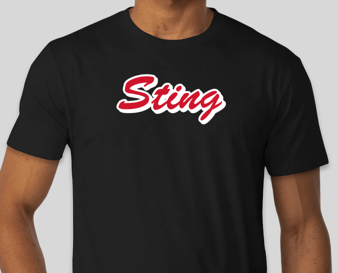 Black T-shirt with the word “Sting” in red script outlined in white on the chest