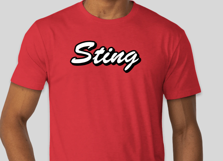 Red T-shirt with “Sting” printed in white script