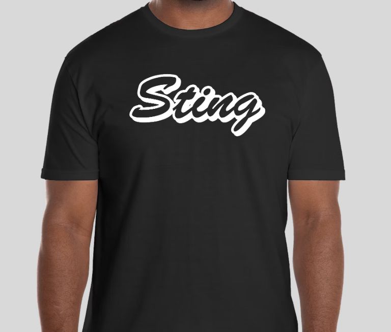 Black T-shirt with white “Sting” script logo on the chest.