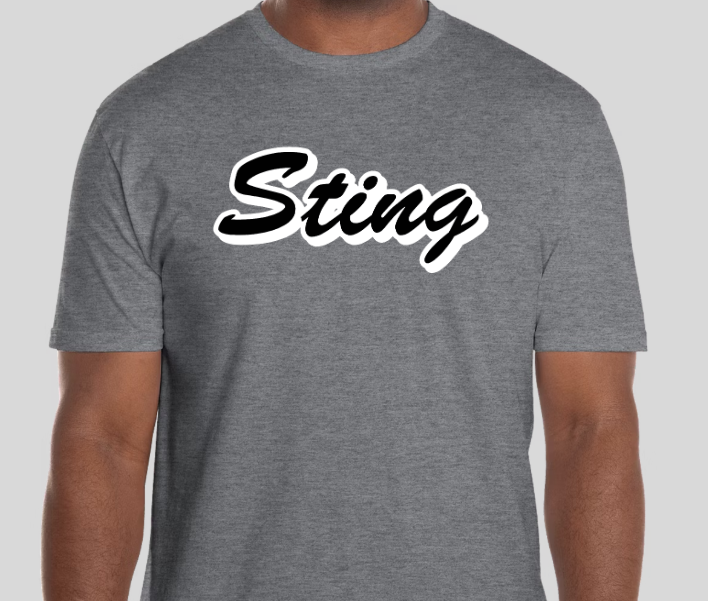 Gray T-shirt with the word “Sting” in black script across the chest