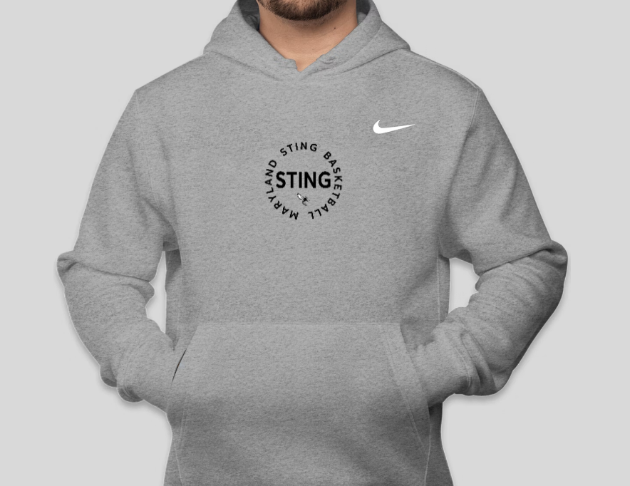 Gray Nike hoodie with “STING” logo, front pocket, worn by person standing with hands in pockets