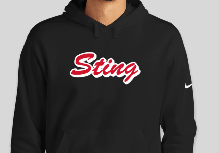 Black hoodie with red-and-white “Sting” logo on the chest and a white Nike swoosh on the sleeve