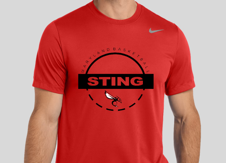 Red T-shirt with “Sting” printed in white script