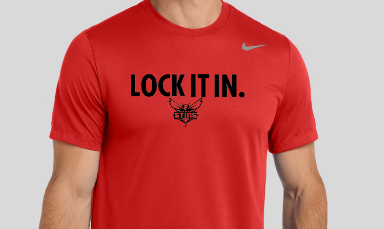 Red T-shirt with black “STING” logo across the chest on a person against a light background