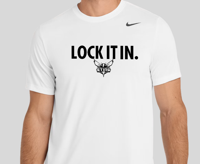 White T-shirt with the word “Sting” in red script outlined in black