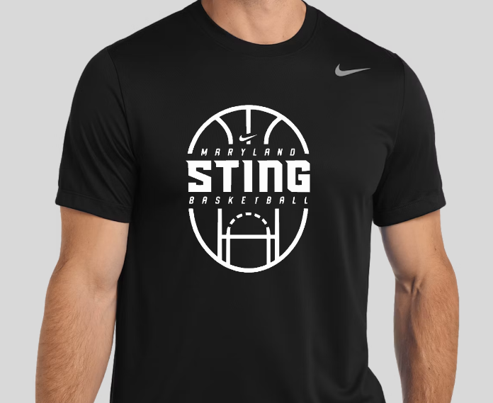 Black T-shirt with white “Sting” script logo on the chest.