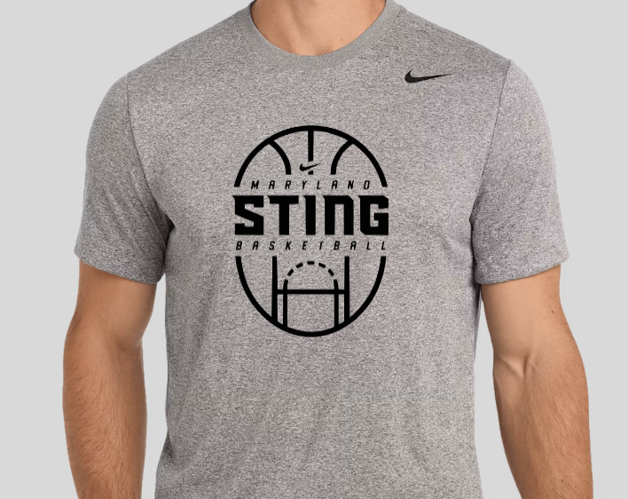 Gray sweatshirt with “MARYLAND STING BASKETBALL” text and a small bee logo.