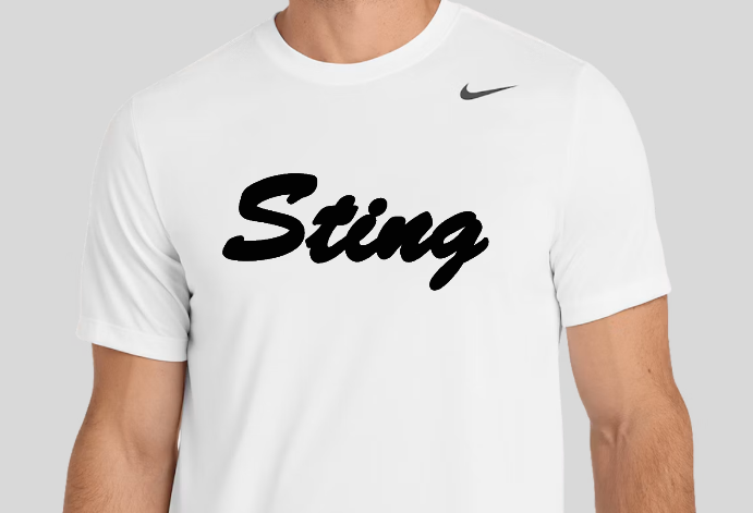 White T-shirt with a bold “STING” logo and arched text beneath it.