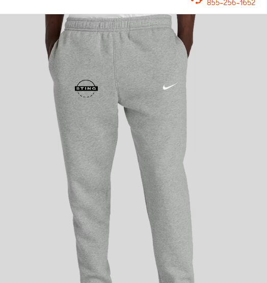 Gray Nike hoodie with “STING” logo, front pocket, worn by person standing with hands in pockets