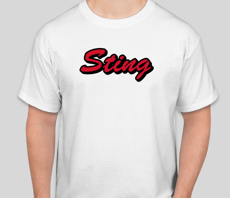 White T-shirt with the word “Sting” in red script outlined in black