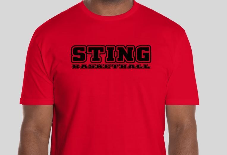 Red T-shirt with black “STING” logo across the chest on a person against a light background