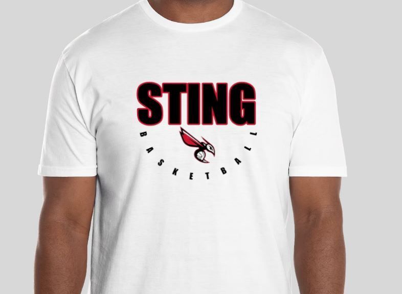 White T-shirt with a bold “STING” logo and arched text beneath it.