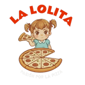 Logo de pizzería “La Lolita” con niña caricaturesca y pizza; texto “Pasión por la pizza”