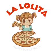 Logo de pizzería “La Lolita” con niña caricaturesca y pizza; texto “Pasión por la pizza”