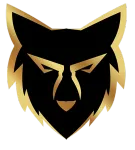 A black and gold logo of a wolf 's head