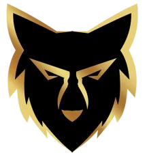 A black and gold logo of a wolf 's head
