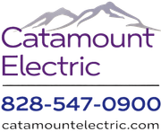 Catamount Electric logo with mountain graphic, phone number 828-547-0900, and catamountelectric.com website