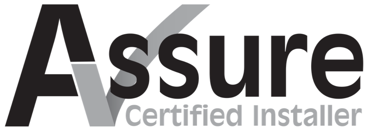 Logo for Assure Certified Installer. Black text with a grey checkmark replacing the