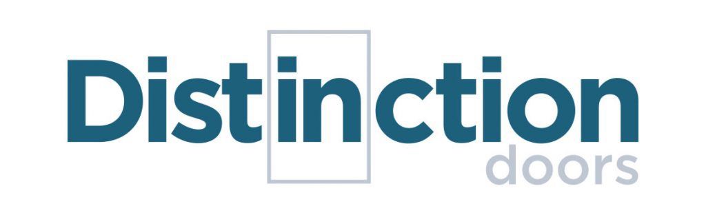 Logo for Distinction Doors; teal