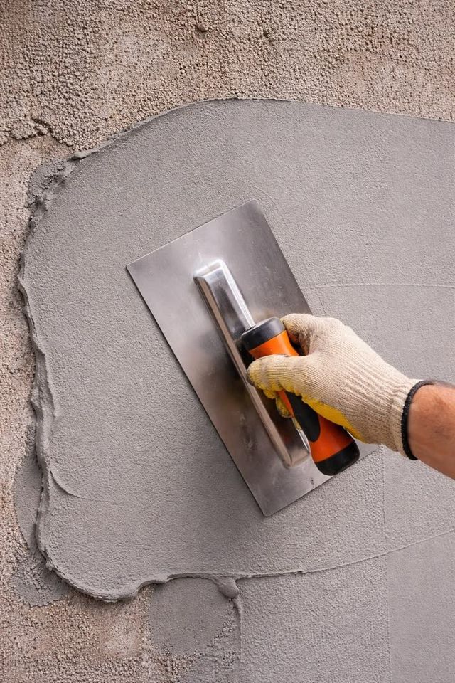 Gloved hand spreading gray plaster on a wall with a metal trowel