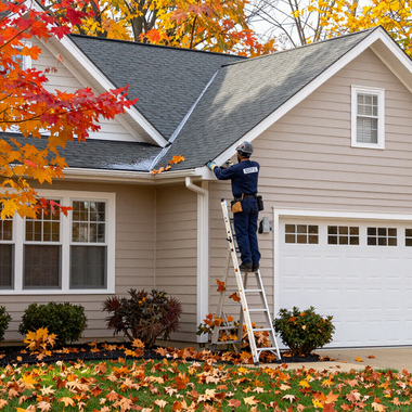 Worker on a ladder cleaning gutters on a beige house with autumn leaves in the yard