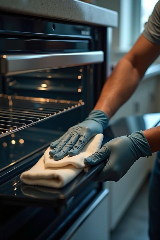 Gloved hands placing a dish towel in an oven, with a roasting pan inside.