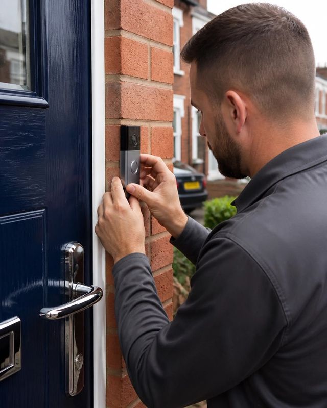 Man using a smartphone to enter a blue front door with a keypad lock