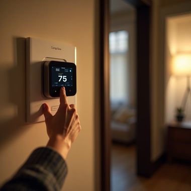 Hand adjusting a wall thermostat showing 75° in a warmly lit home hallway