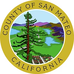 Seal of San Mateo County, California. Green, blue, and brown landscape with text 