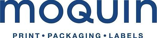 Moquin print packaging labels logo in blue text on a white background.