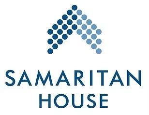 Logo of Samaritan House: Blue dots forming an upward-pointing arrow, with the text 