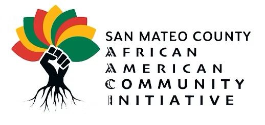 Logo for San Mateo County African American Community Initiative. Includes a fist with tree roots and leaves in Pan-African colors.