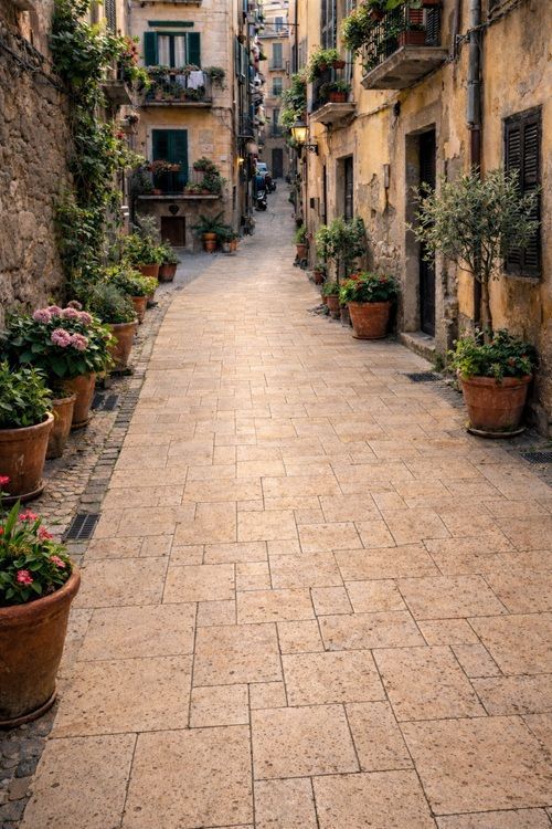 Strada pavimento travertino fiancheggiata da piante in vaso ed edifici, che si estende a perdita d'occhio.