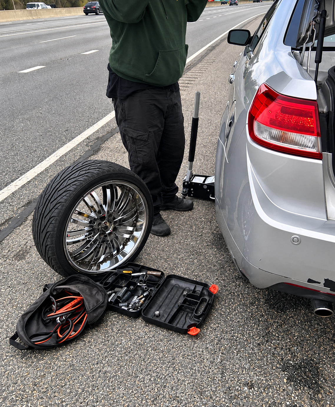 LL Towing changing a tire on the highway near Upper Marlboro, MD