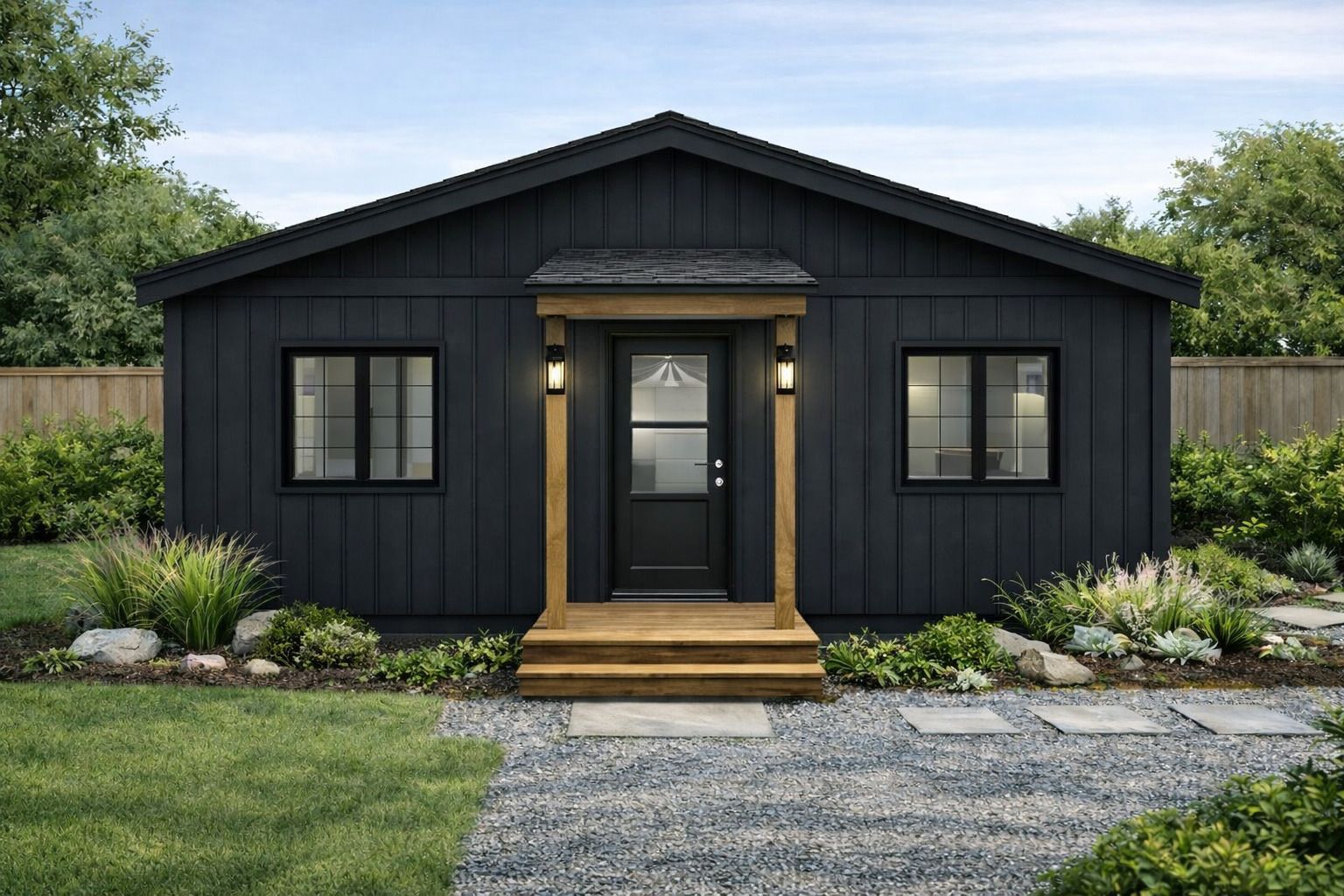 Small black modern house with a front porch, windows, and gravel yard.