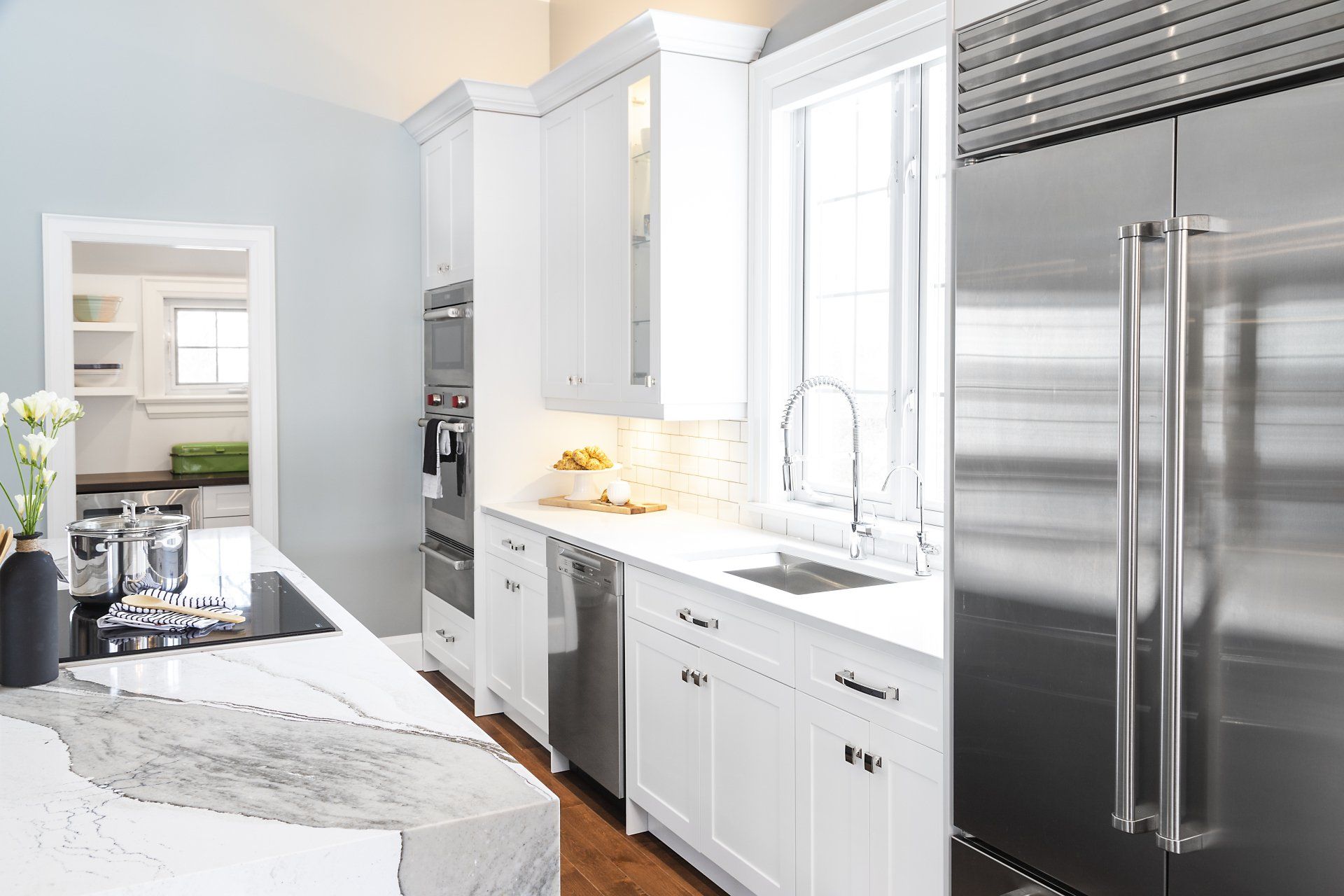 kitchen with white marble countertops