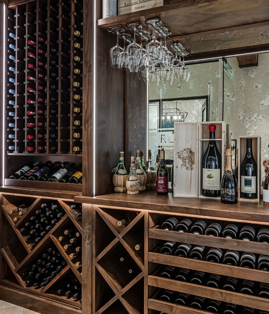 wine racks in glass room