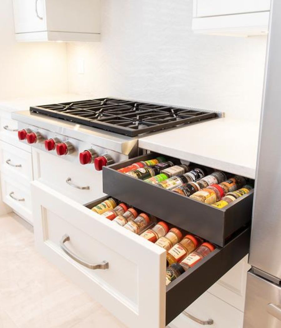 pulled out drawers in kitchen