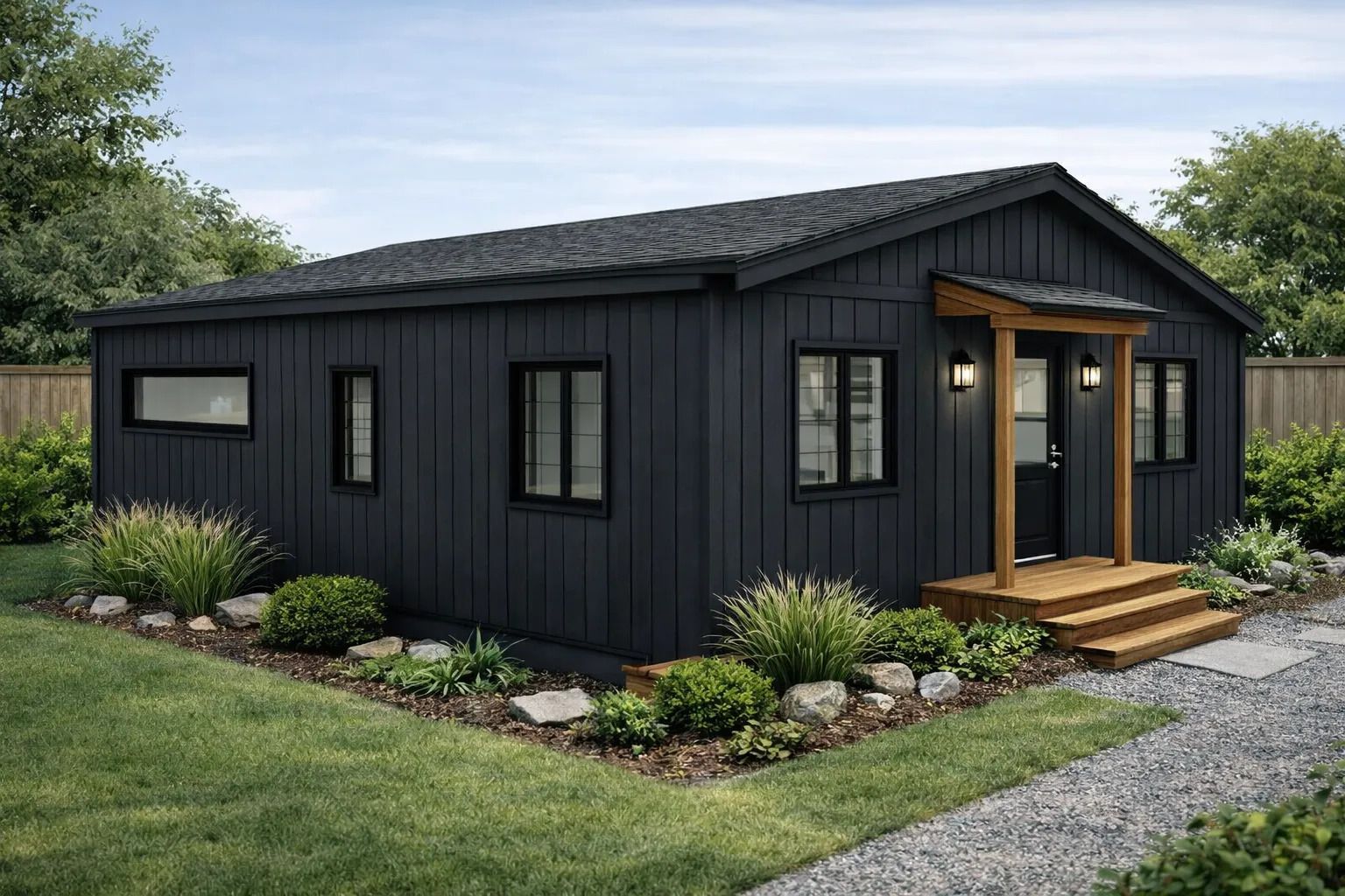 Black modern tiny house with a porch, gravel path, and landscaped yard under a cloudy sky